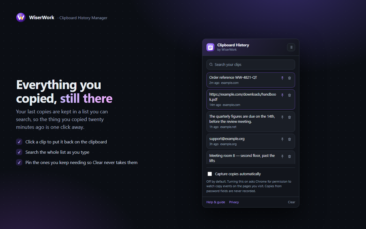 The extension popup showing a searchable list of saved clips with two pinned at the top